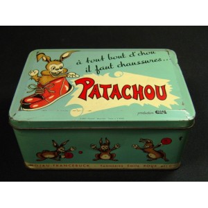 Old painted metal box Patachou shoes