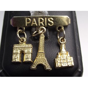 Broche vintage Paris 3 breloques en métal doré
