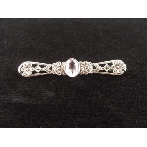 Broche barrette ancienne en argent marcassites et pierre blanche art déco