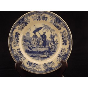 Assiette faïence Louis Lebeuf Montereau décor scène de la vie chinoise