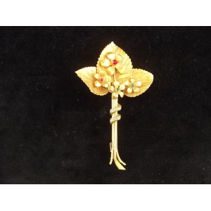 Antique art nouveau brooch in gold-plated metal, rhinestone leaf shape