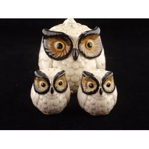 Ensemble salerons et moutardier fa&iuml;ence barbotine chouettes