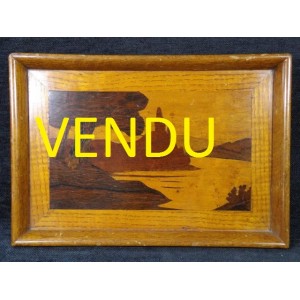 Petit plateau porte-courrier en bois marquet&eacute; &eacute;poque art nouveau